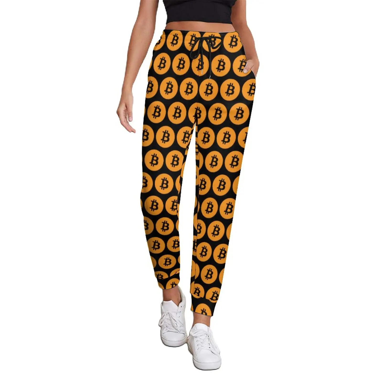 Coole schwarze Bitcoin-Hose, Kryptowährung, Münze, Retro-Oversize-Jogginghose, Frühlingsfrauen, bedruckte koreanische Modehose