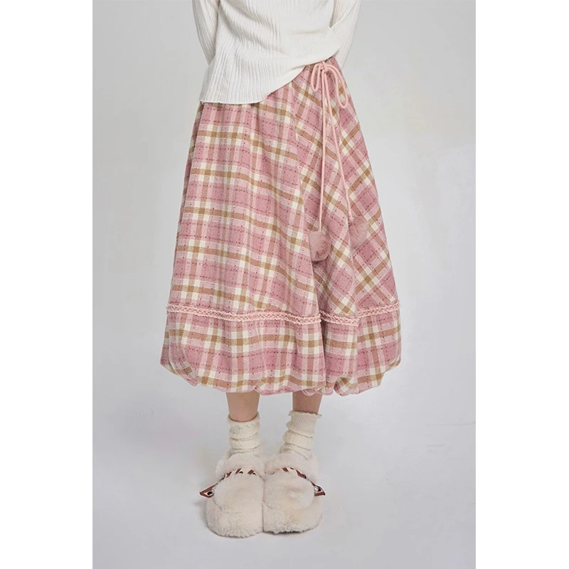 

Kawaii Plaid Midi Skirt Women Japanese Cute Pink Bud Skirts Winter Ladies Harajuku Streetwear Lace Up Casual A Line Faldas New