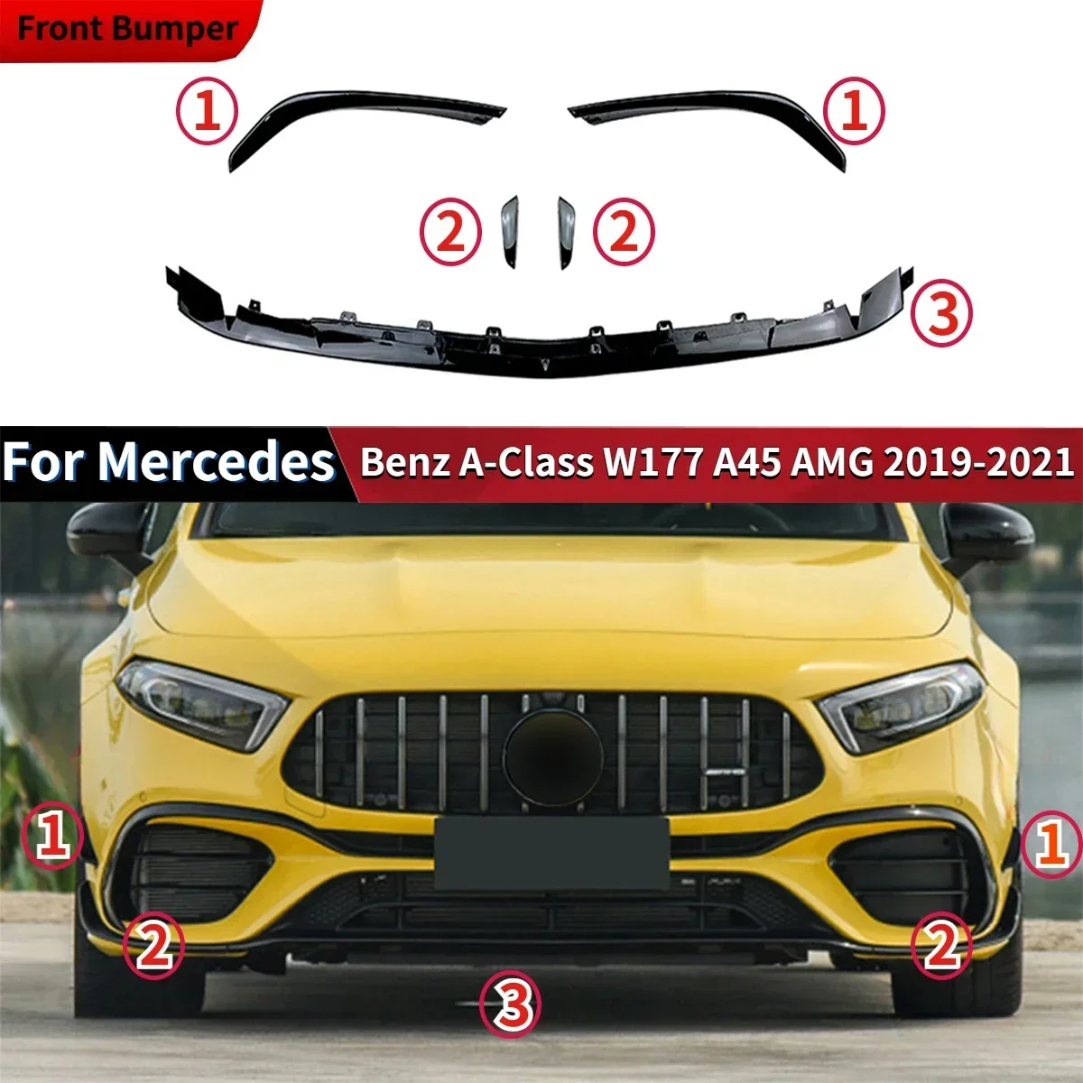 메르세데스-벤츠 A 클래스 W177 A45 AMG 2019-2021 가드 보호대 커버 하부 블레이드 스플리터 바디 키트 용 자동차 앞 범퍼 립 스포일러