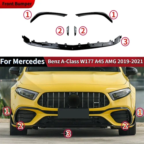 Alerón de labio de parachoques delantero de coche para mercedes-benz Clase A W177 A45 AMG 2019-2021 cubierta protectora divisor de hoja inferior kit de carrocería