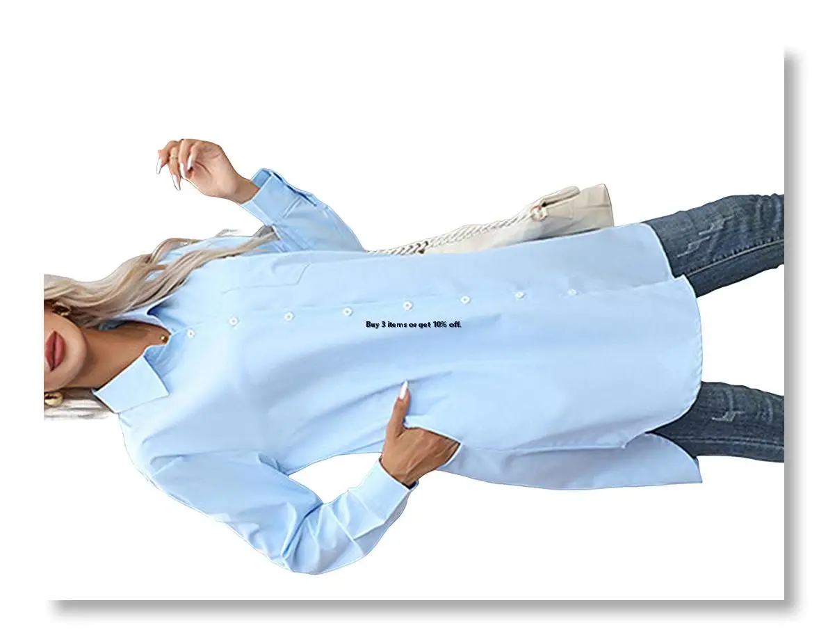 ✱Women'S Casual Shirt Dress Collar V Neck Button Down Loose Long Sleeve Mini Dresses Blue XL