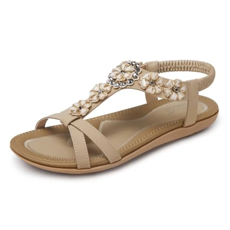 SHIBEVER Dressy Flat Women Sandals: Comfortable Arch Support Womens Sandal Summer Dress Flowers Boho Back Strap Open Toe Women'