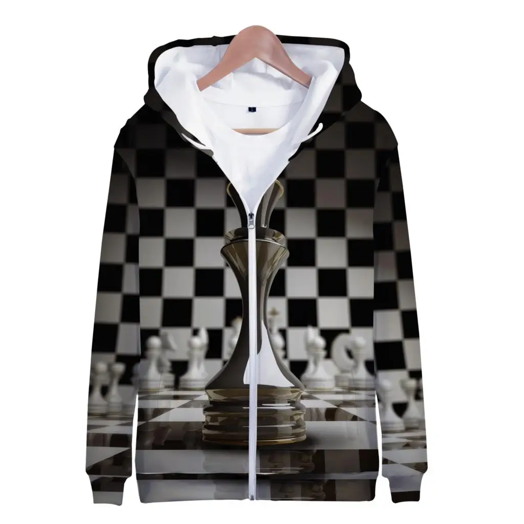 Chess Board Black-and-white 3D Printing Zipper Sweatshirts Men Fashion Oversized Hoodies Harajuku Boys Grils Tops Coat Clothes