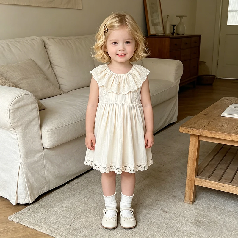 2026 Mädchen Sommer Neu 2-6 Jahre Reine Baumwolle Ärmellos Spitzenkragen Baby Mädchen Kleid Kinder Prinzessin Geburtstag Süßes Kleid