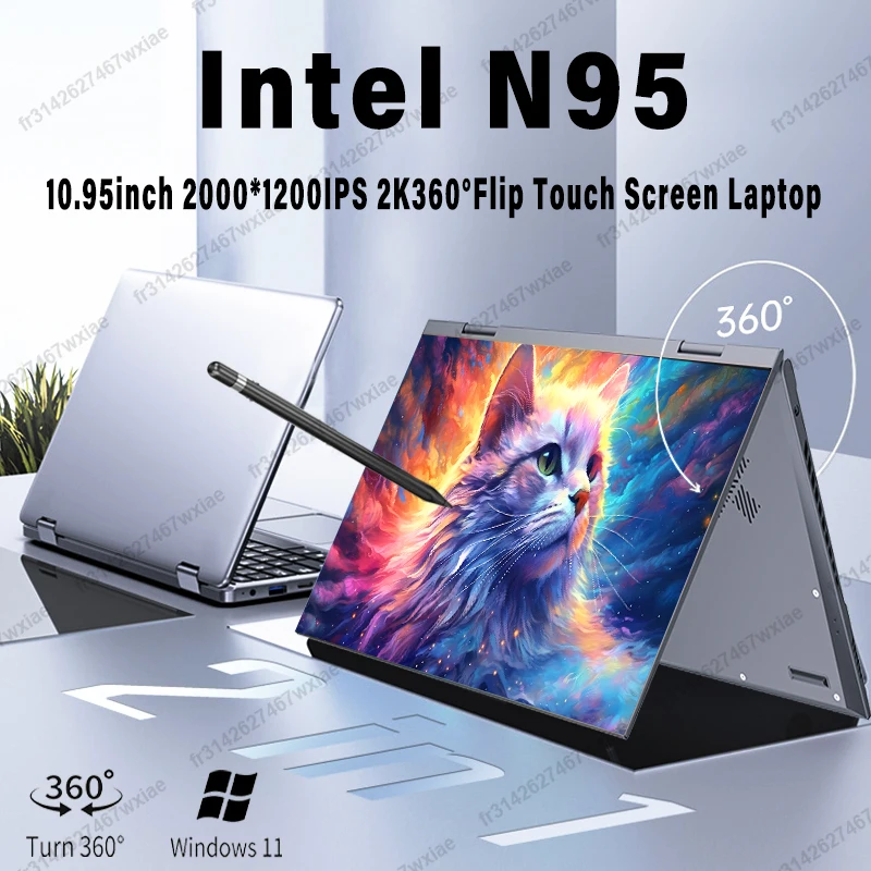 New 10.95 inch 360° Flip OLED Touch Screen Laptop Windows 11 Intel N95 16GB DDR5 RAM 2TB SSD ROM Aluminum alloy body