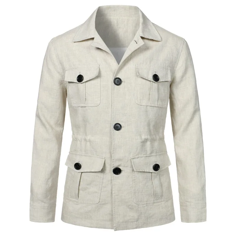 2025 Spring Autumn New Lapels Multi-pocket Tooling Jacket Retro Gentry Suit Outerwear Fashion Spliced Solid Color Male Top M-5XL