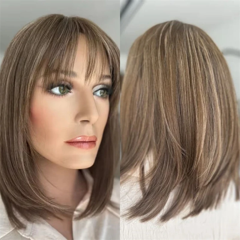 

Ombre Карамельный Блондин Коричневый Синтетический Парик Фронта Шнурка с Челкой Натуральная Предварительно Сорванная Линия Волос Термостойкий Короткий Прямой Боб