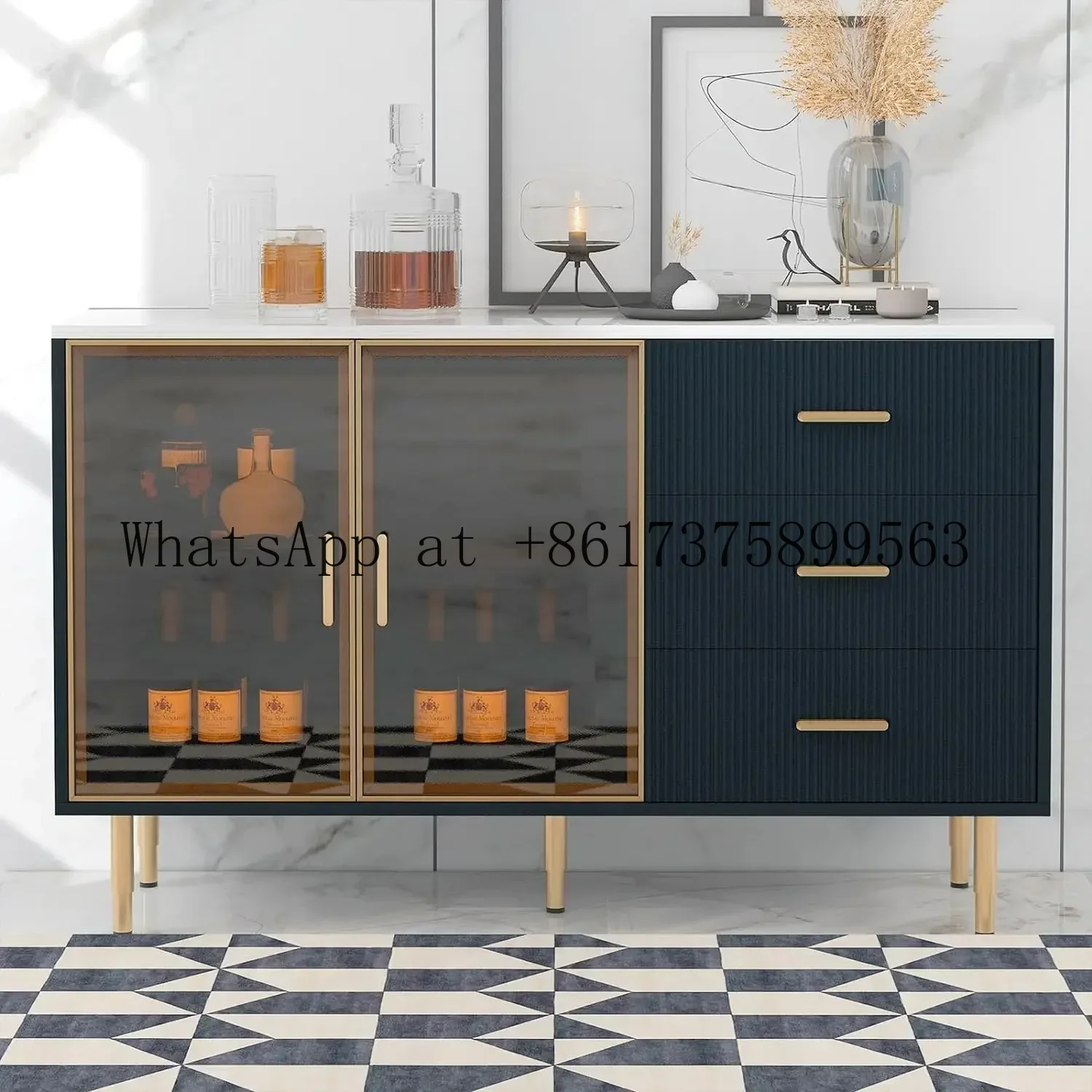 Sideboard Storage Cabinet Living Room 60 Coffee Bar Console  2 Tempered Glass 2 Doors 3 Drawers