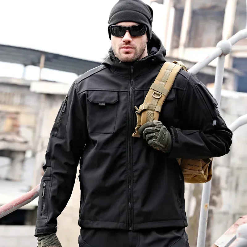 Men Winter Hooded Plush Thick Tactical Jacket Soft Shell Windproof Waterproof Windbreaker Outdoor Multi Pocket Wool Coat