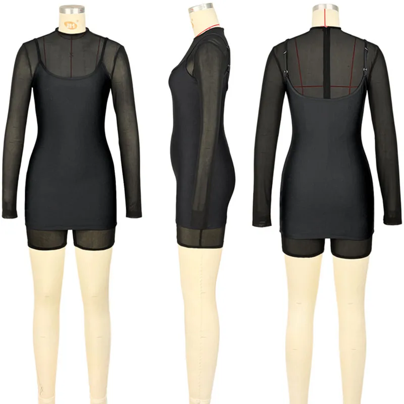 Doyerl 2-częściowy zestaw dla kobiet, strój klubowy, na rave, siateczkowy, prześwitujący kombinezon i dopasowany zestaw mini sukienki bodycon.