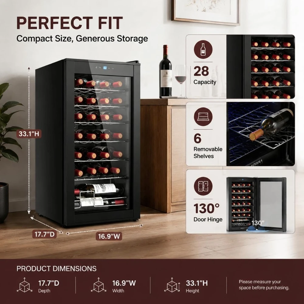 28 Bottle Compressor Digital Touchscreen Wine Cooler Mini Fridge Freestanding For Home & Kitchen, Custom