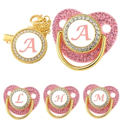 Clip per ciuccio per bambini in zircone di lusso lettera rosa supporto per ciucci personalizzato per neonato Bling capezzolo per massaggiagengive in Silicone senza BPA