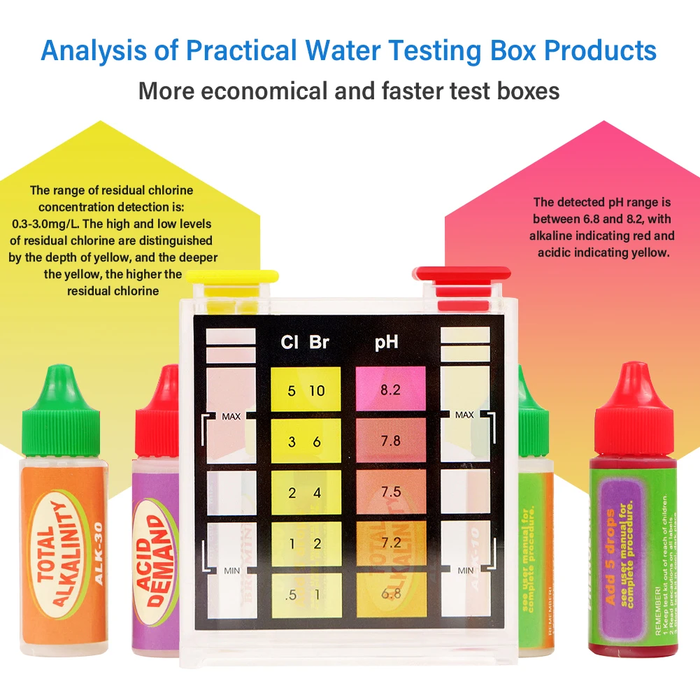 Zestaw do badania odczynników próbnik do wody basenu 5 w 1 PH chloru (CL, pH, kwas, całkowita zasadowość, brom) akcesoria do akwarium Spa