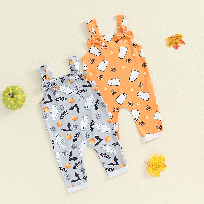 2024-06-04 Lioraitiin Baby Halloween Overalls Romper Ghost Cobweb Print Sleeveless Square Neck Hemming Legs Jumpsuits