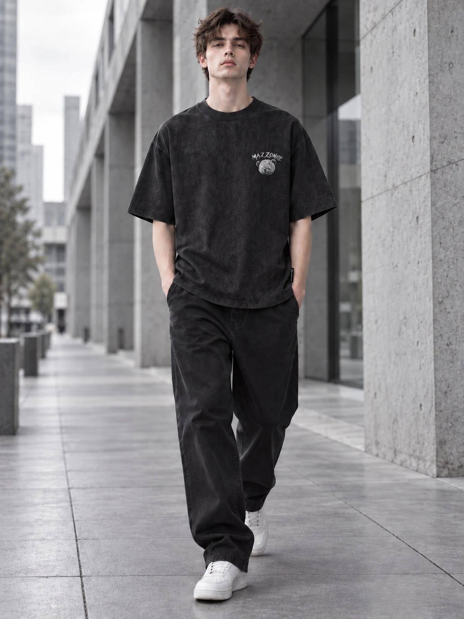 MAZZONNE Washed Black Graphic T-Shirt, Teddy Bear Front and Back Print, Cotton Blend Short Sleeve Crew Neck Streetwear Tee H