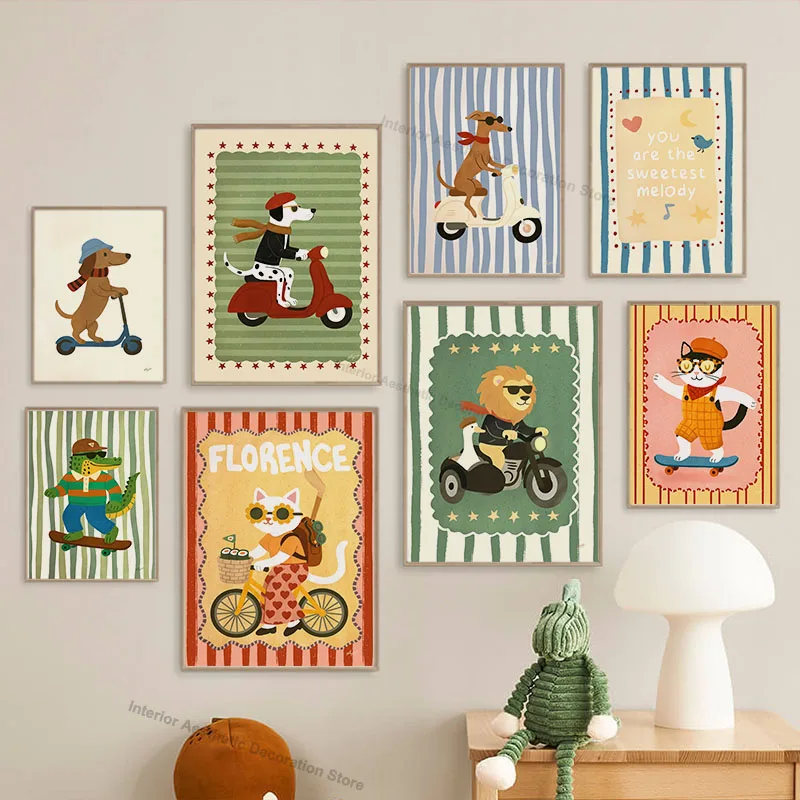Funny Cartoon Animals Vehicle Nursery Wall Art Canvas Painting Lion Dog Cat  Posters & Prints Pictures Baby Kids Room Home Decor