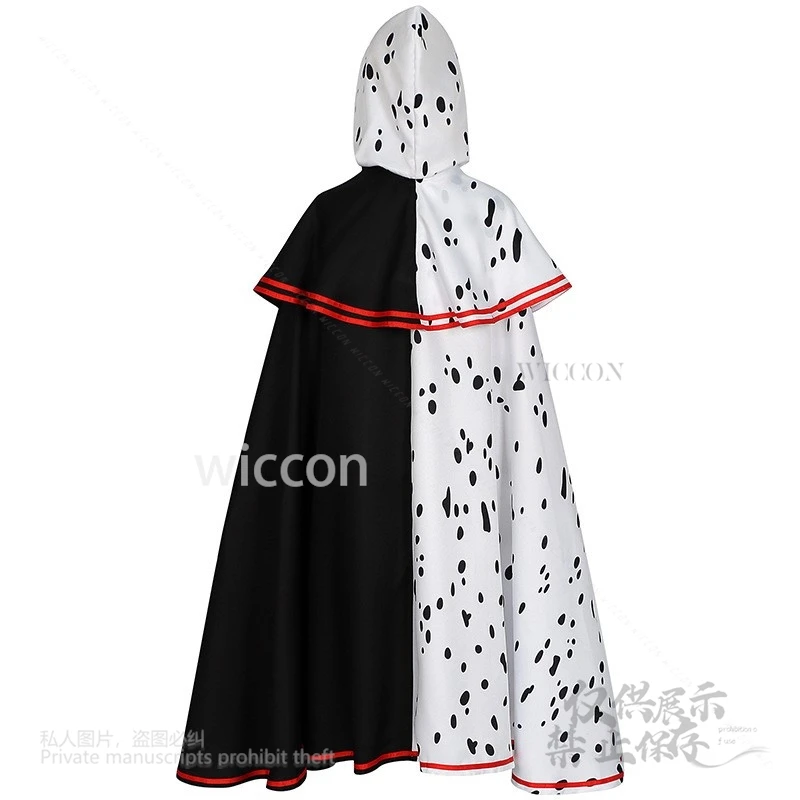 Cruella 코스프레 의상 애니메이션 블랙 화이트 포인트 후드 망토 케이프 무대 공연 의상 성인 여성 할로윈 카니발 파티