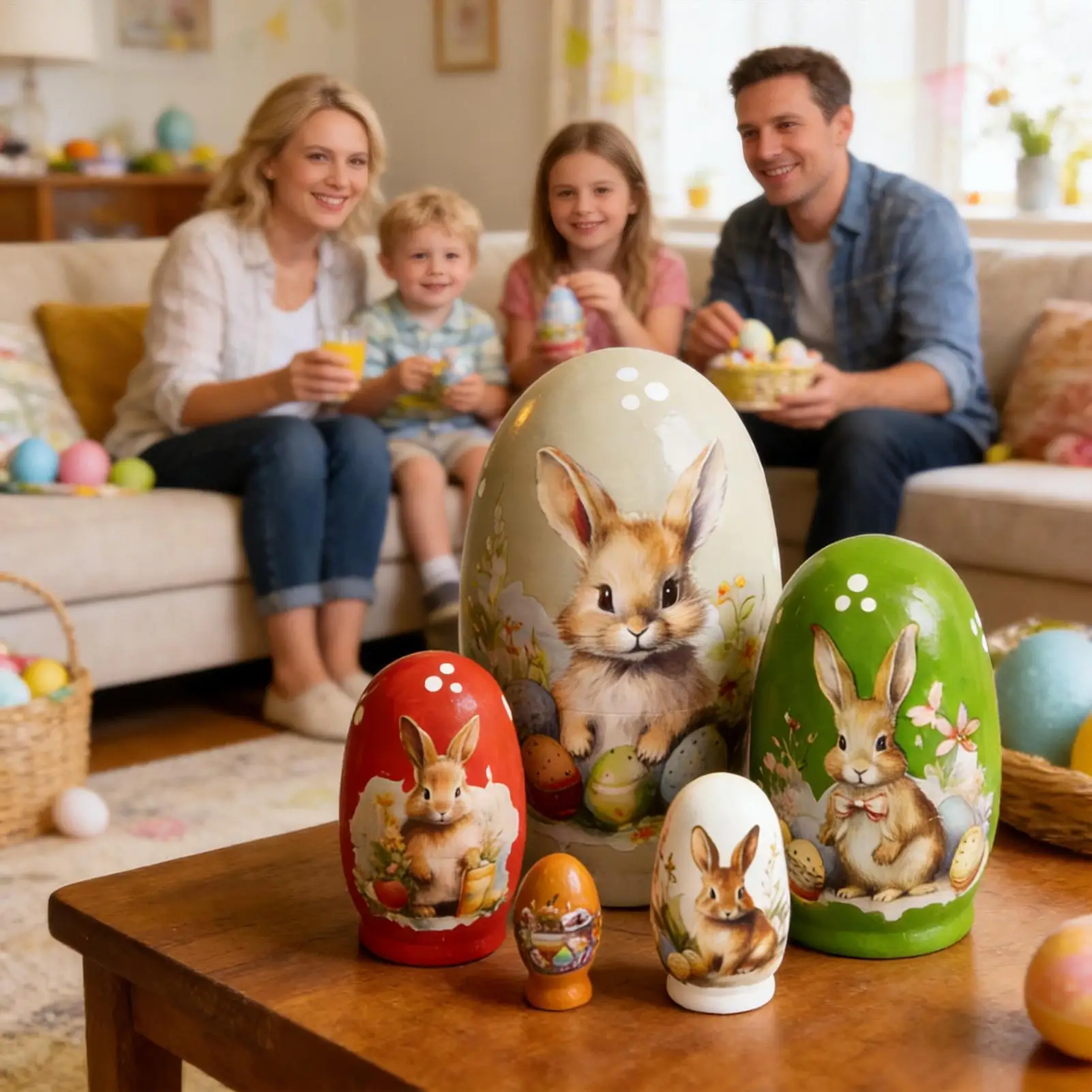 

5-Layer Easter Bunny Russian Nesting Dolls Wooden Hand-Painted Matryoshka Set Easter Egg Shape Decorative Craft Home Decor