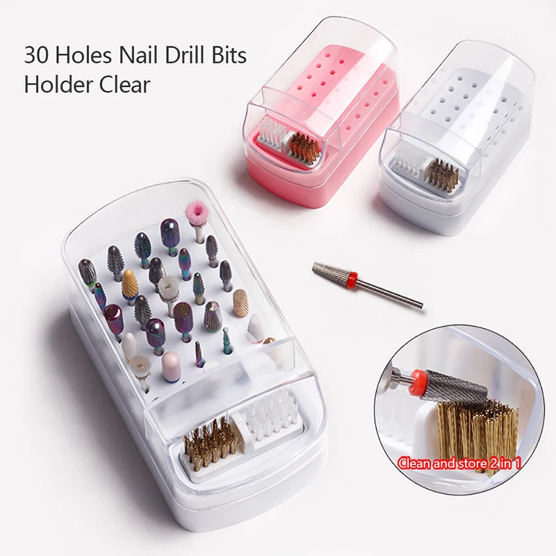 30 Holes Nail Drill Bits Holder Clear Dust Proof Drill Bit Case for Acrylic Nail Drill Bits Storage Nail Tools With Brush