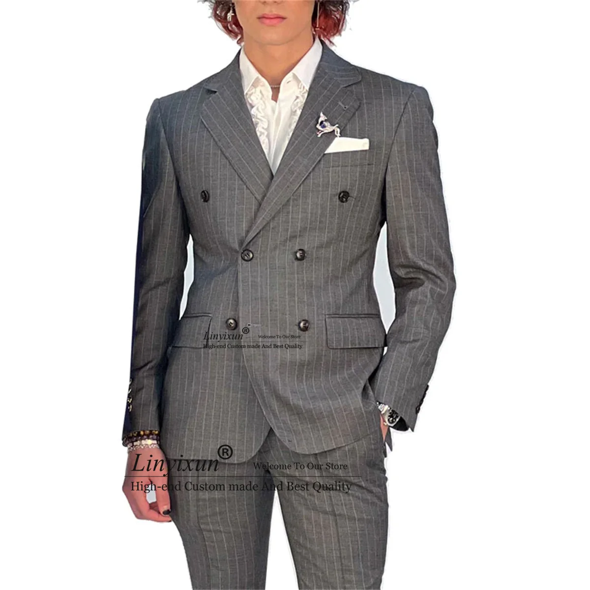 

Fashion Striped Men Suits Double Breasted Wedding Groom Tuxedo Slim Business Male Blazer 2Piece Set trajes elegante para hombres