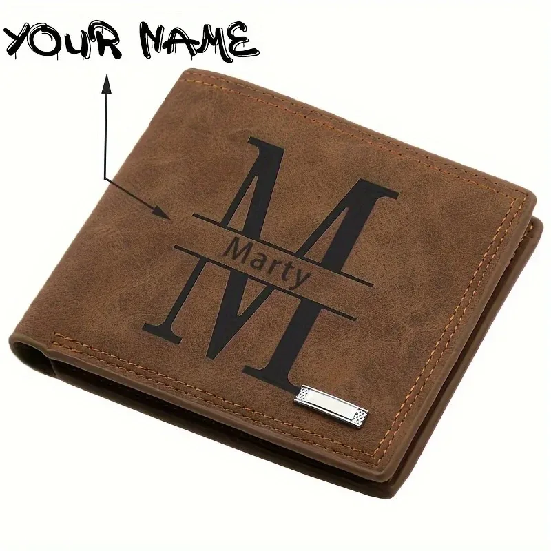 Gepersonaliseerde tekstnaam Logo kunstleer portemonnee voor heren - vintage stijl, visitekaartjeshouder zwart PU met geruit cadeau voor hem mannen