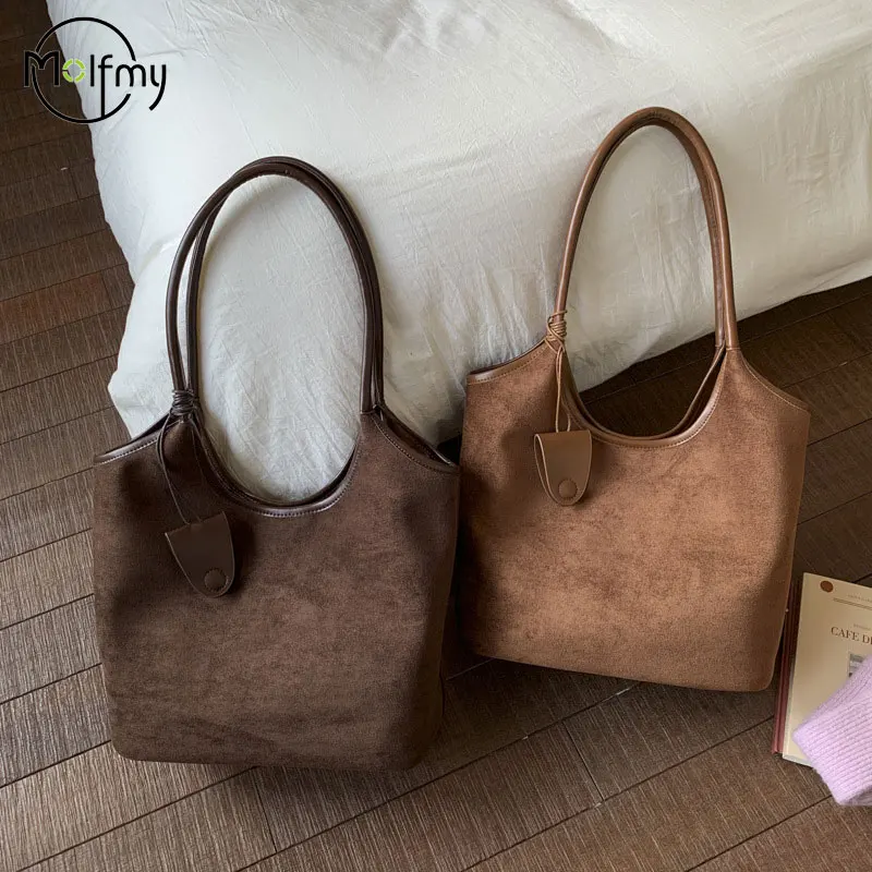 

Замшевая сумка-тоут для женщин, зимние винтажные сумки на плечо, большие вместительные сумки в стиле ретро, кошелек, повседневные сумки-ведра, новинка 2023 года