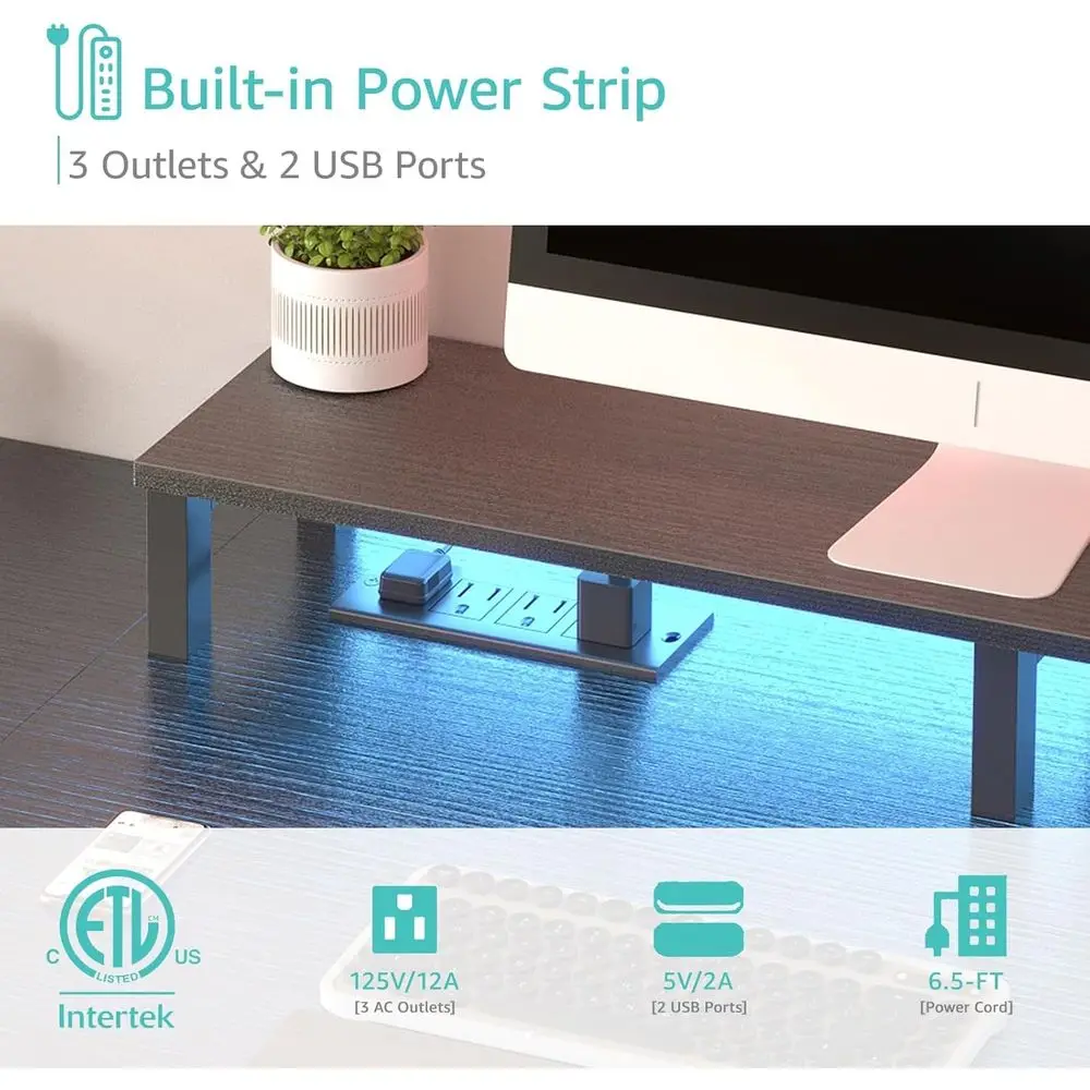 مكتب ألعاب 55 مضاء بإضاءة LED مع منافذ طاقة وأدراج ملفات وحامل شاشة باللون الأسود للمكتب المنزلي