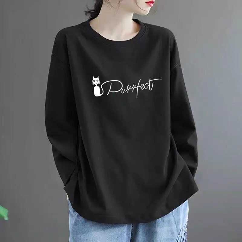 Cozy Daily Commute Travel Loose 100% Cotton Cartoon Print Crew Neck Oversized Women's Long Sleeve Top Y2K T-shirt Streetwear