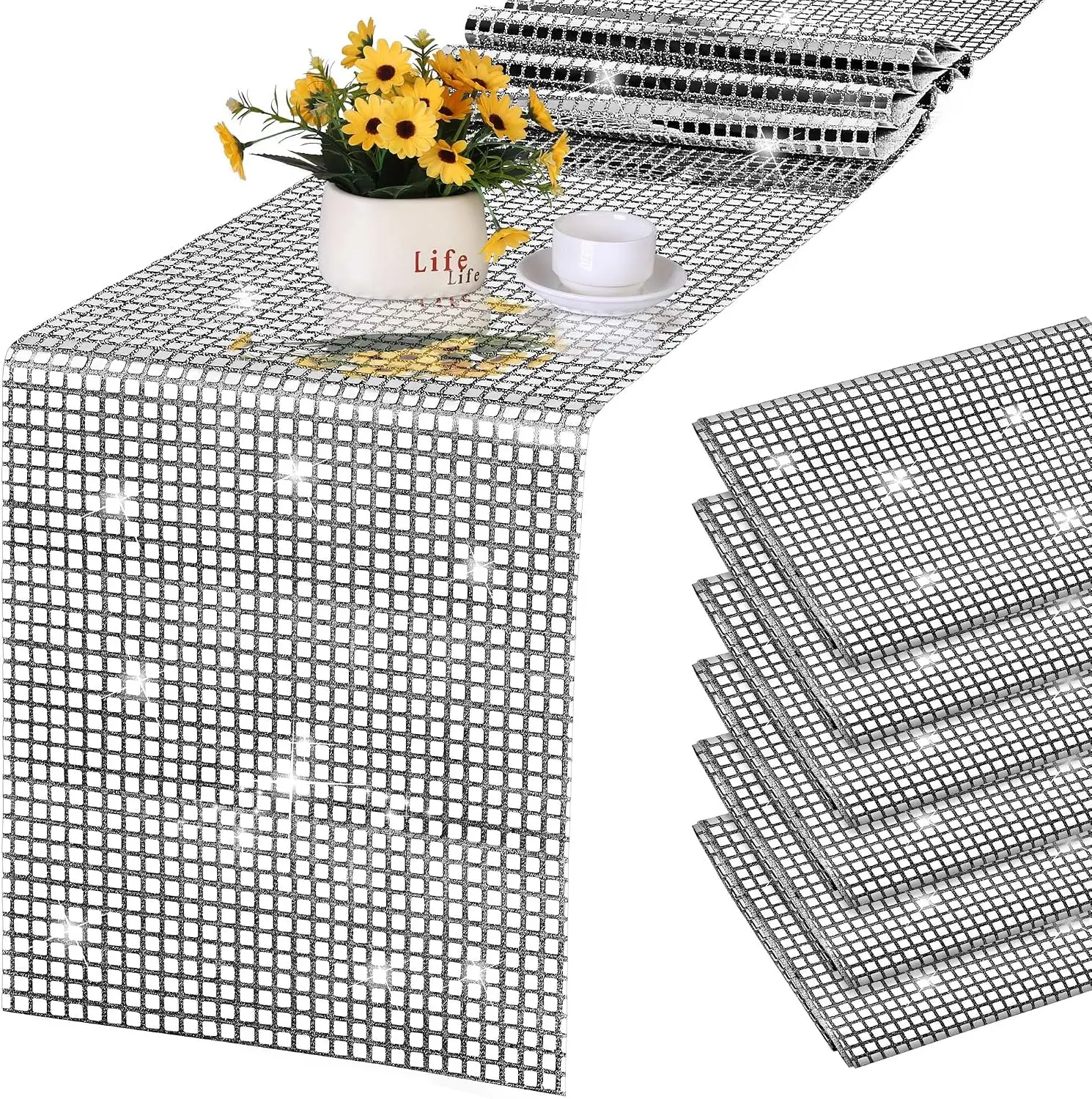 ‌4 PCS 13 X 108 Inch Glitter Mirror Disco Table Runner 70S Retro Dance Birthday Bachelorette Party Table Decor Supplies‌
