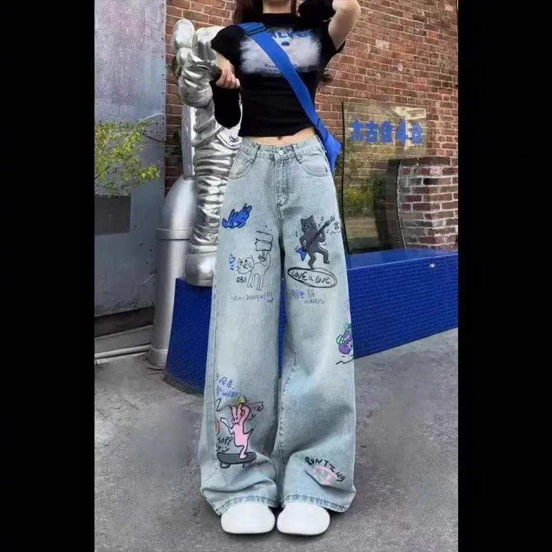 

Disney Printed Soft High Waist Jeans Women's Wide Legs 2025 Summer New Loose Straight Casual Pants Casual Versatile