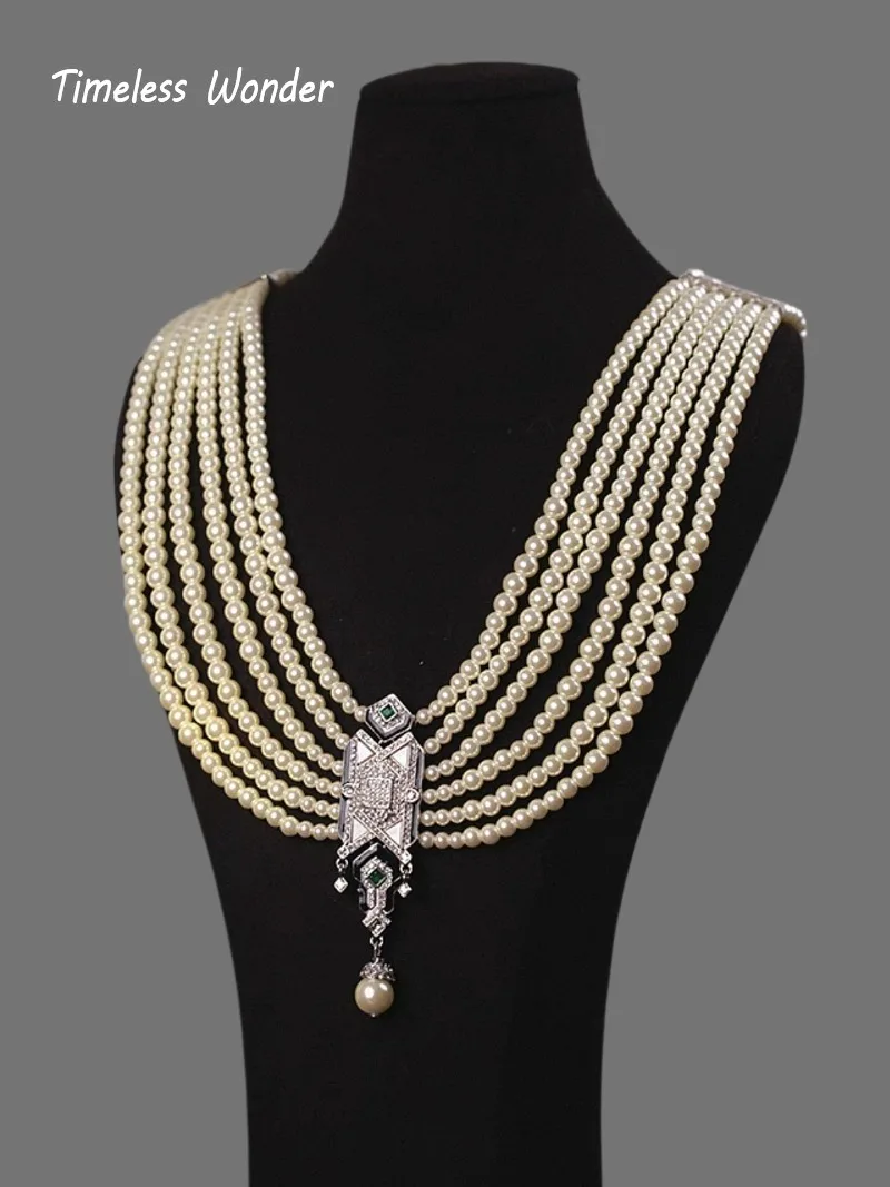 Timeless Wonder Fancy Zircon Glass Pearl Pave Necklace for Women Designer Jewelry Runway Trendy Art Deco Sweet Set Classy 4526