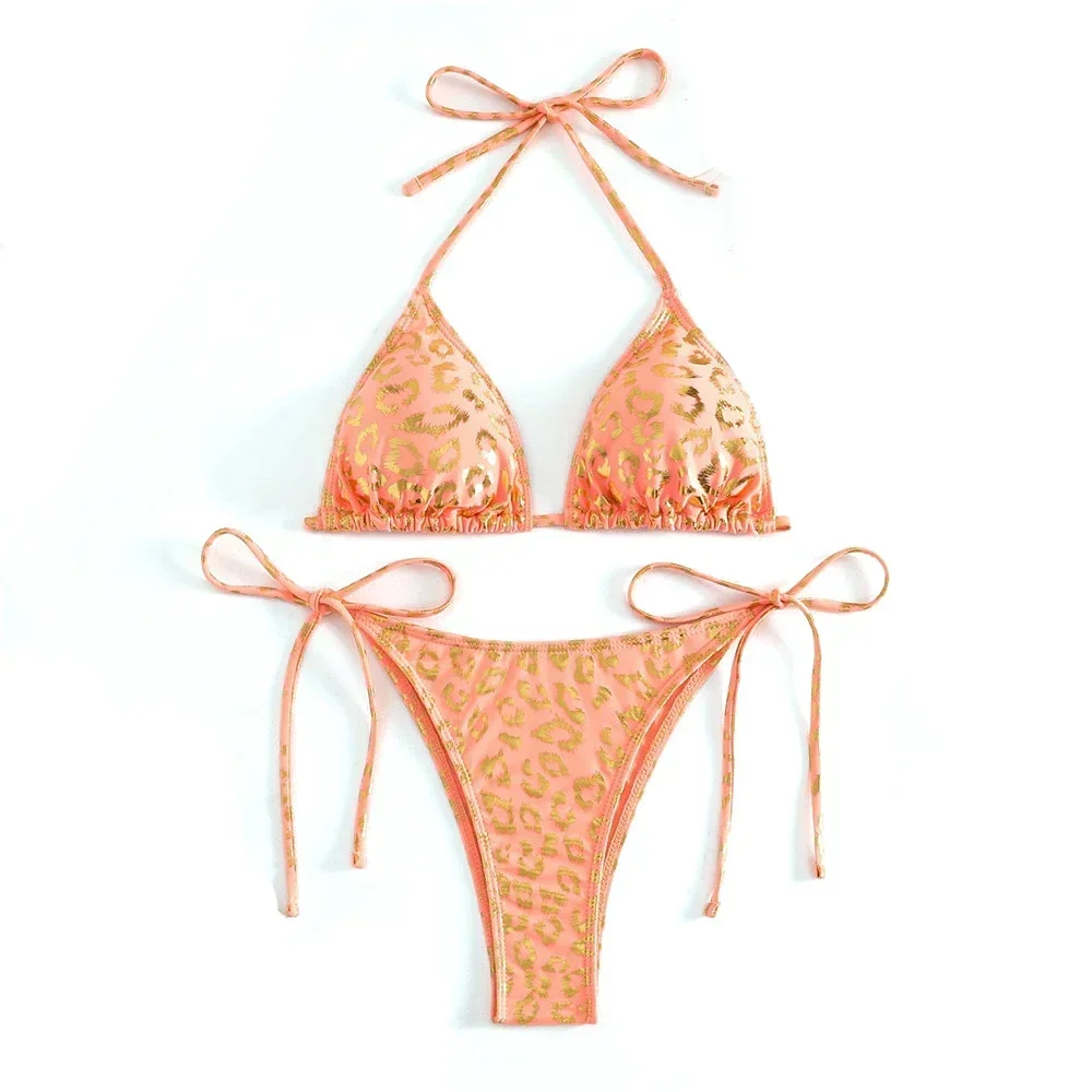 Maillot de bain imprimé léopard pour femmes, ensemble deux pièces, sexy, string, col licou, culotte tanga, triangle, bikini, 2024