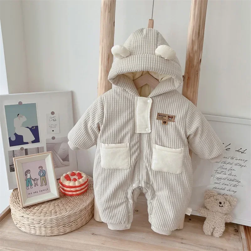 2023 winter new in infant kids boys full sleeve corduroy hooded color blocking thicken plush one-piece newborn baby romper