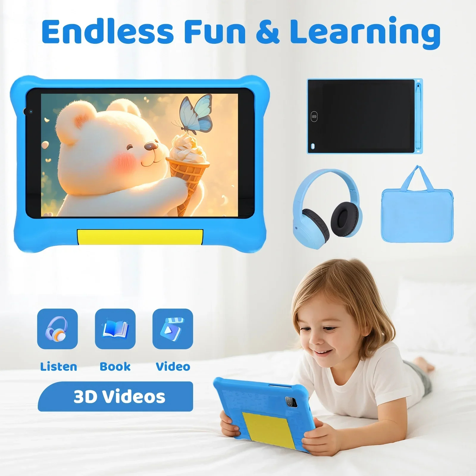 7 "Kids Learning Tablet Bundle Scrittoio Disegno Tablet Cuffie Borsa stilo Controlli parenici Android13 Quad Core 5 GB + 32 GB