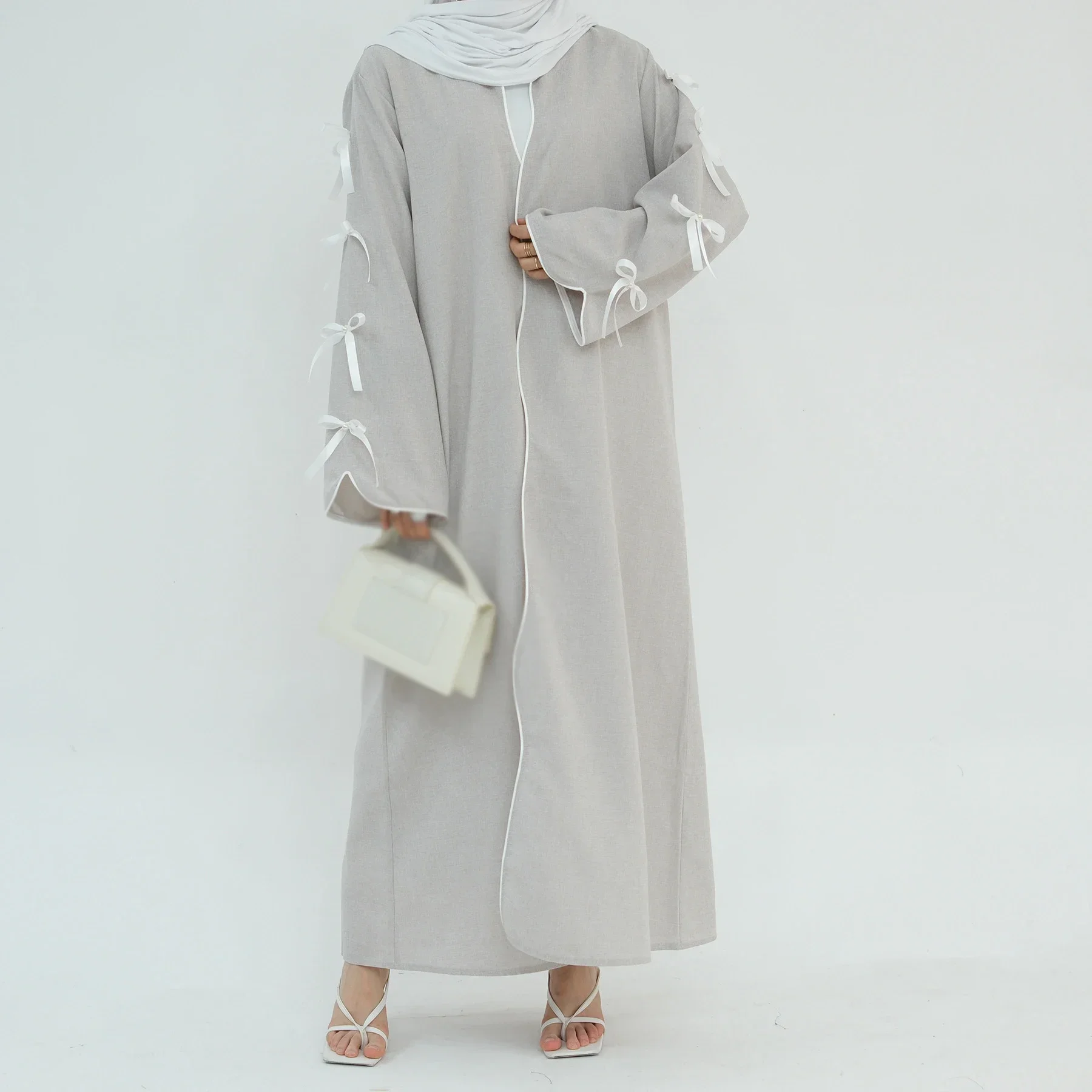 

Fashion Open Cardigan Abaya for Women Solid Color Bowknot Muslim Dress Robe Saudi Arabia Turkey Islam Clothes Femme Musulmane