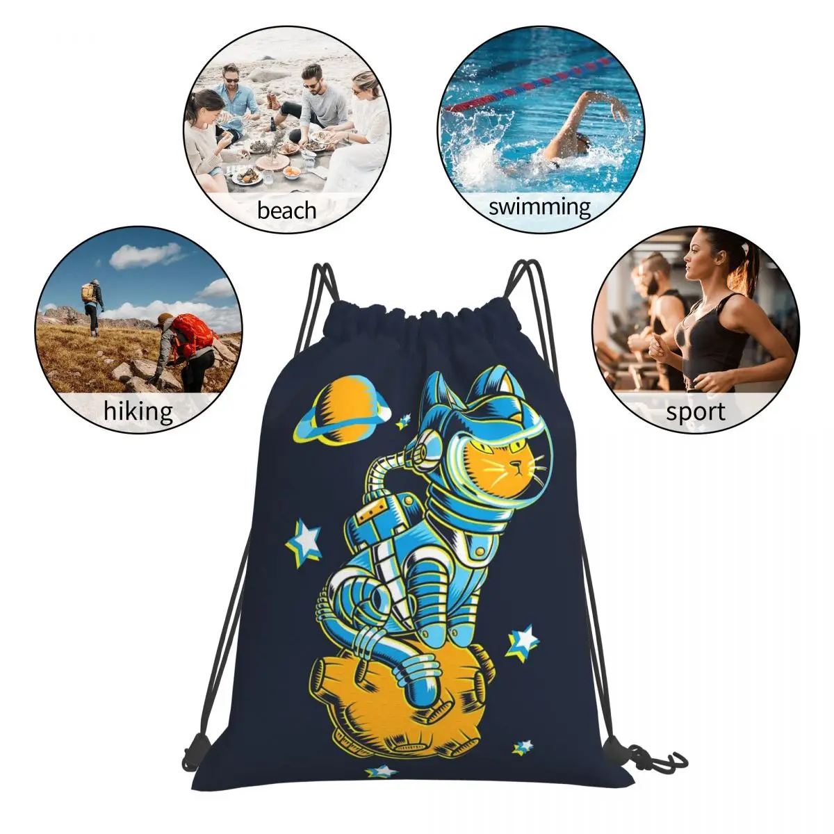 Space Cat Backpacks Casual Portable Drawstring Bags Storage Bag Book Bags For Man Woman Students