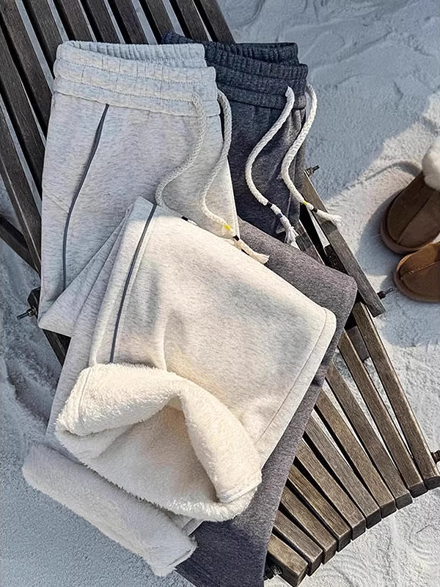 

American Sle Thiened Curved Knife Fce Lined Men's Winter Polar Fce Striped Loose Fit Thiened Cotton Pants