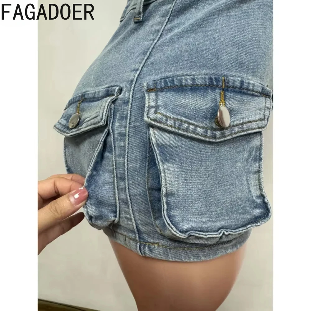 FAGADOER Sexy Denim Off Shoulder Bodycon One Pieces Rompers Women Button Sleeveless Slim Cargo Jeans Jumpsuits Fashion Overalls