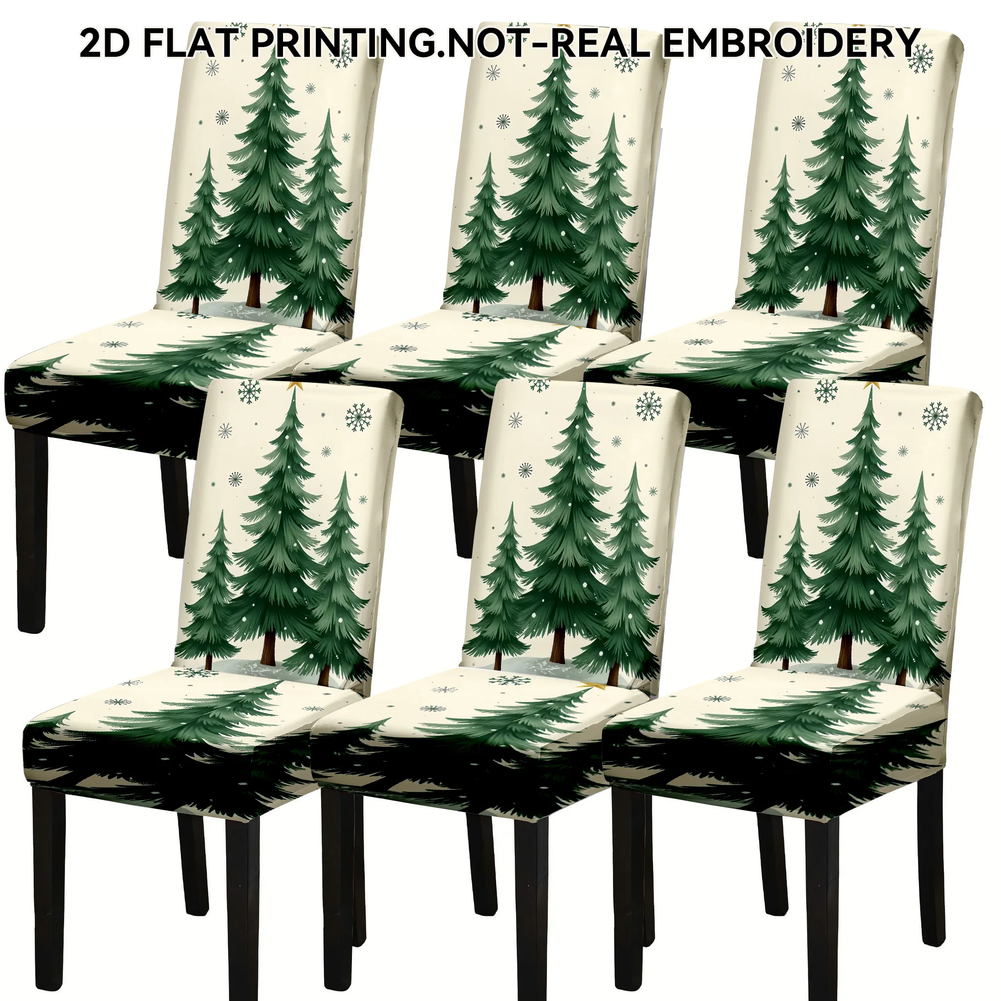 2/4/6 PCS Christmas Trees Snowflake Elastic Dining Chair Covers, Pine Trees 2D Flat Printed Christmas Decoration Chair Covers