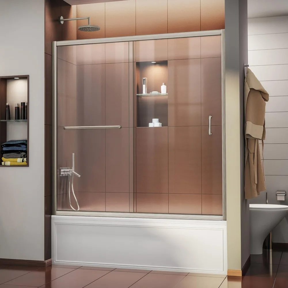 Frameless sliding door, transparent design, brushed nickel, shower door for family bathroom, commercial and domestic