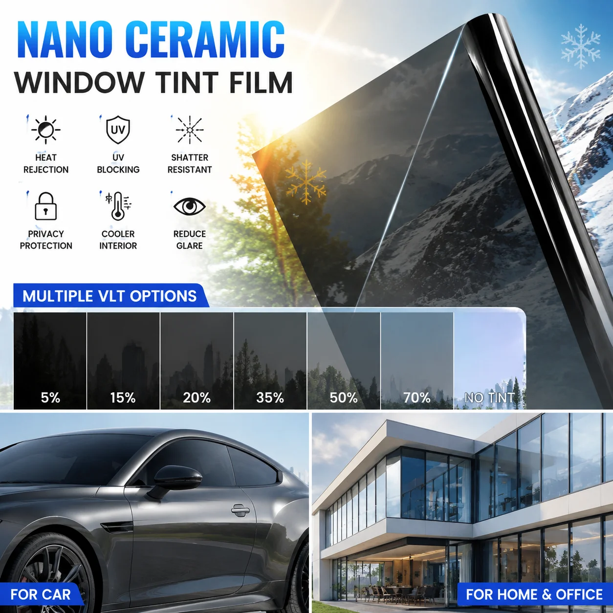 IR100% Nano Ceramic Car Window Tint Film High Heat Rejection Solar Control UV Protection Auto Front Rear Windshield Sticker foil