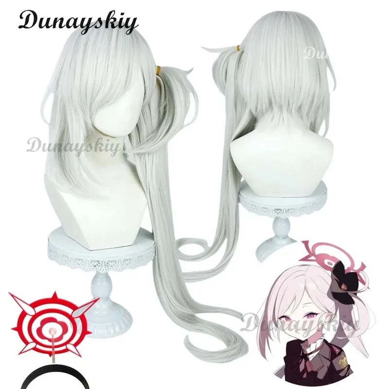 

Blue Archive Asagi Mutsuki Cosplay Wig Silver White Straight Ponytail 90cm Long Hair Heat Resistant Headwear