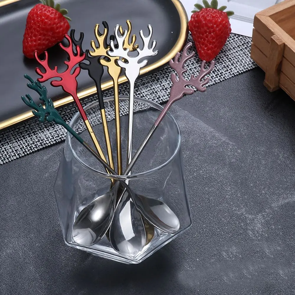 1PC Stainless Steel Xmas Antlers Spoons Christmas Deer Head Coffee Spoon Christmas Ice Cream Dessert Spoon Tea Scoop ﻿