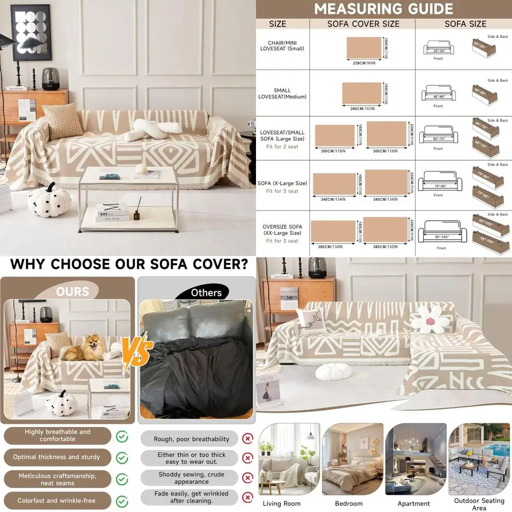 

vclife boho couch cover sofa covers, chenille khaki couch covers for sectional sofa washable breathable love seat couch covers f