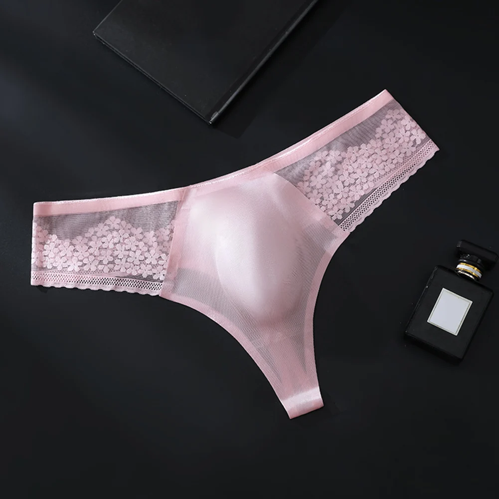 Men Sexy Lace Thin Seamless Underpants Ice Silk G-String Underwear Gay Sissy Bulge Pouch Bikini Solid Thongs Soft Men's Panties