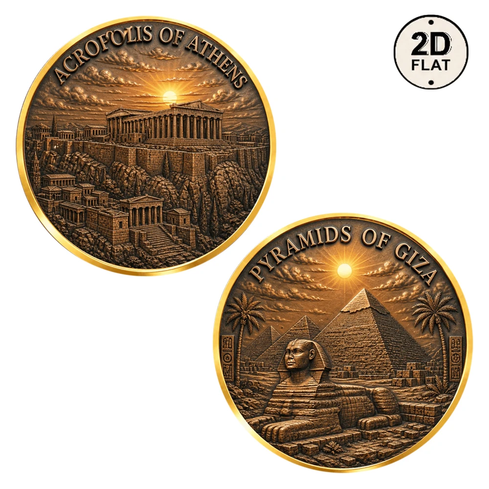 1pc Acropolis of Athens & Pyramids of Giza Metal Challenge Coin UV Print Ancient Greece Egypt Landmarks Souvenir for Collection