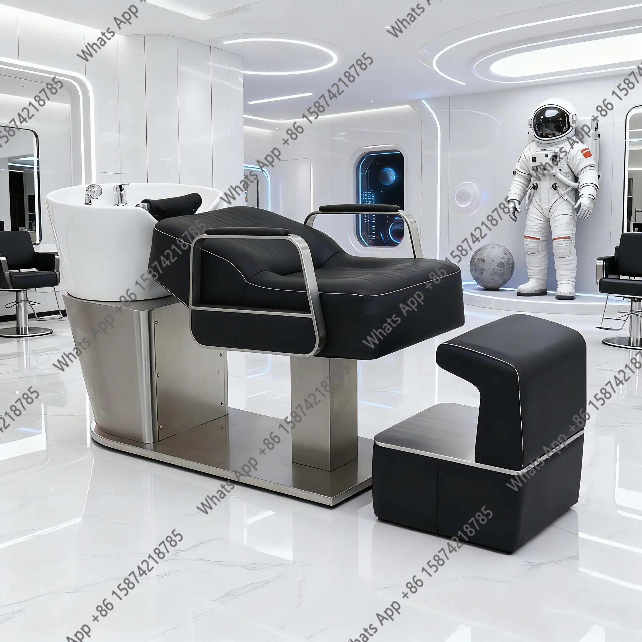 

New high-end barber shop shampoo bed beauty salon light luxury half lying flush bed stainless steel ceramic basin factory direct