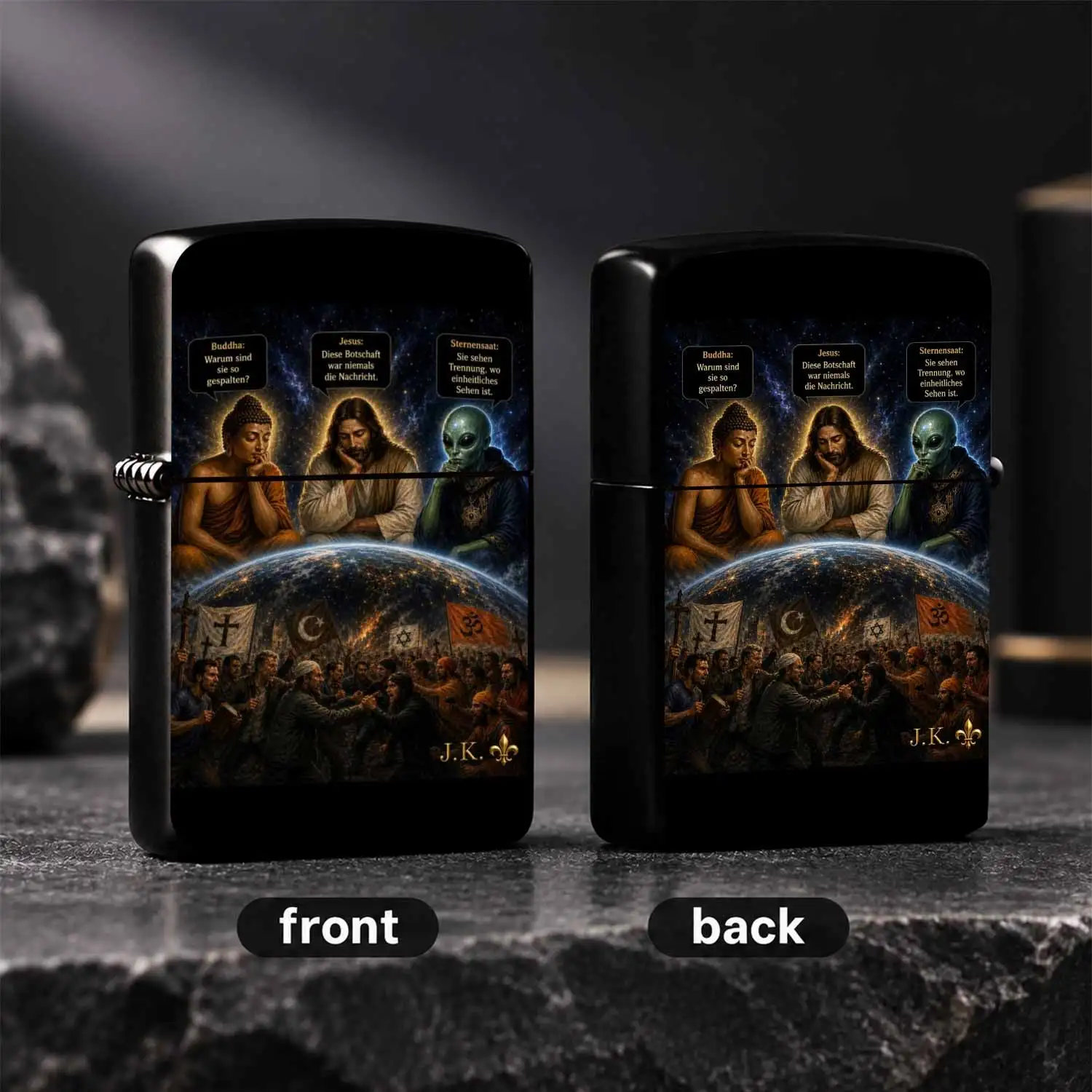 Creative Lighter With Thought-Provoking Interfaith Cosmic Pattern Featuring Buddha Jesus And Wise Alien, Unique Artistic Accessory For All Daily Scenes, Meaningful Novelty Gift That Delivers Profound Mess A Humorous And Interesting Lighter