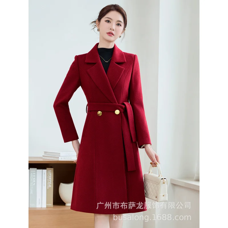 

2025Bussalon New Women's Coat Korean Style Professional Mid-Length Suit Collar Trench Coat Workwear2617