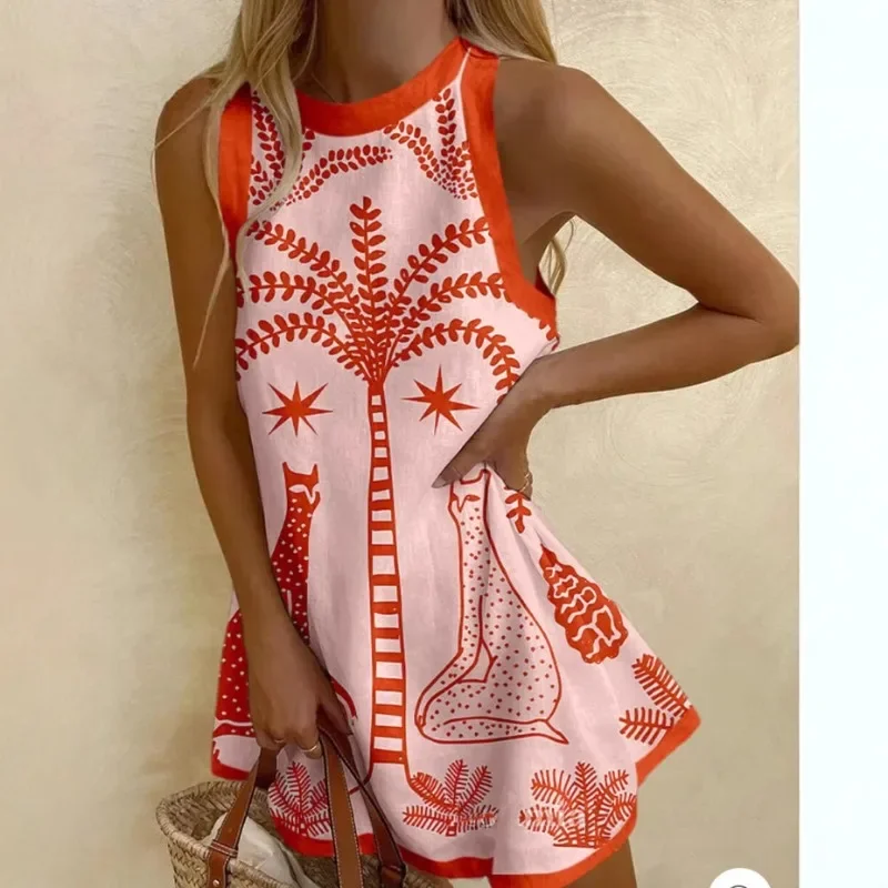 

2025 New European Floral Print Linen Sleeveless Mini Dress Women